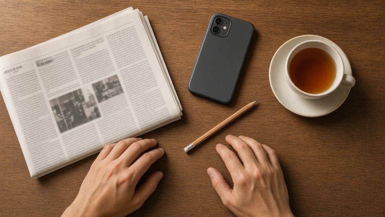 جرنال وموبايل مقلوب وقلم على مكتب