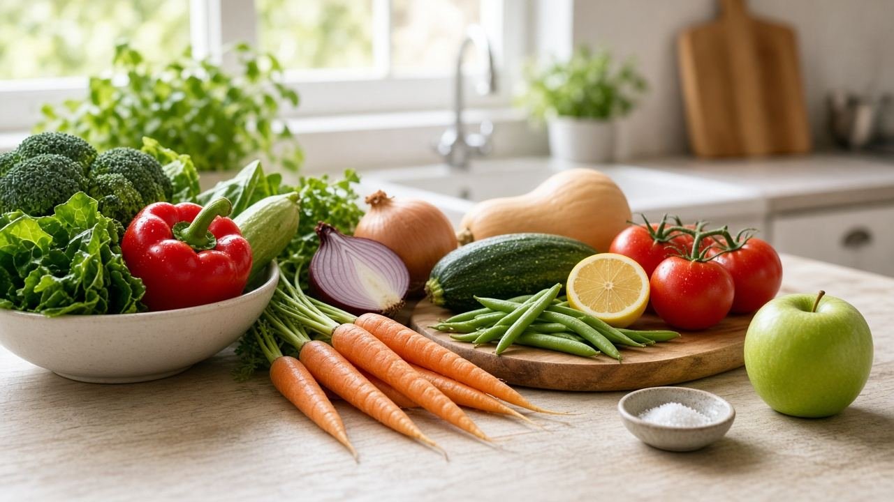 خضار وفاكهة طازة، وملّاحة صغيرة على جنب