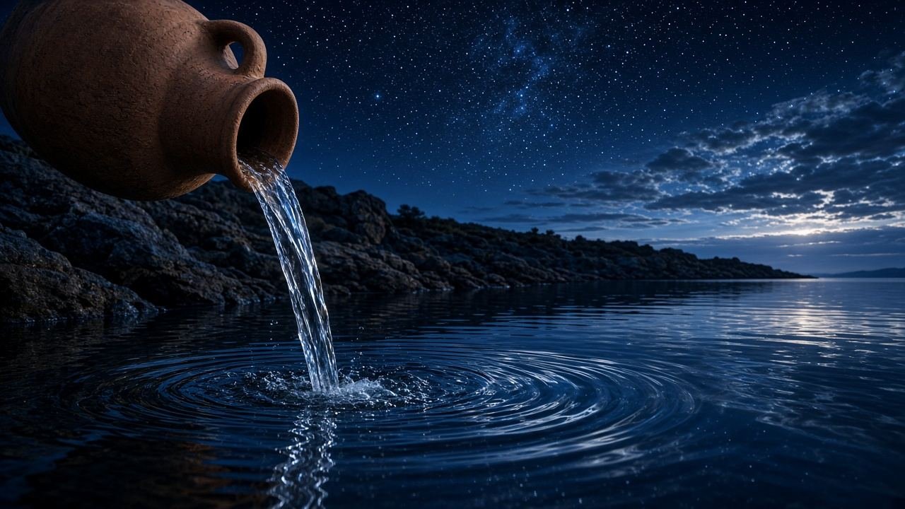 ميّة بتتسكب من جرّة فخار في حوض تحت النجوم
