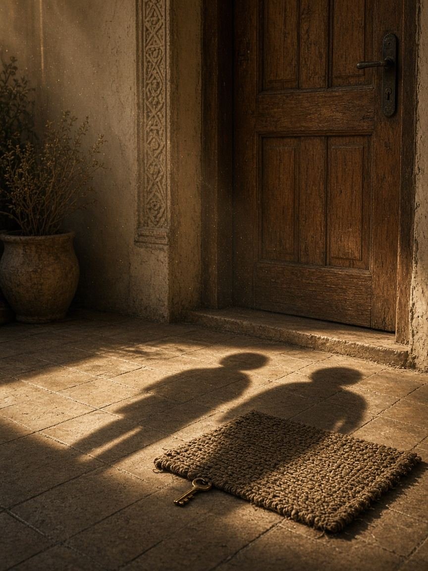مفتاح نحاس تحت حصيرة قدام باب خشب، وظلّين على البلاط